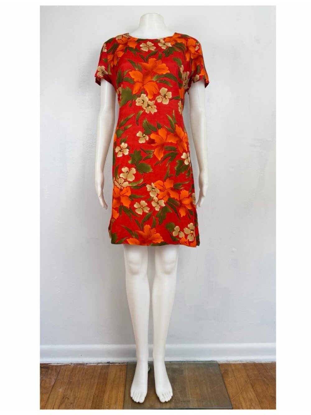 Vintage Floral Print Dress Size Medium 90s Red/Orange Summer Tie Waist Mini  Lig